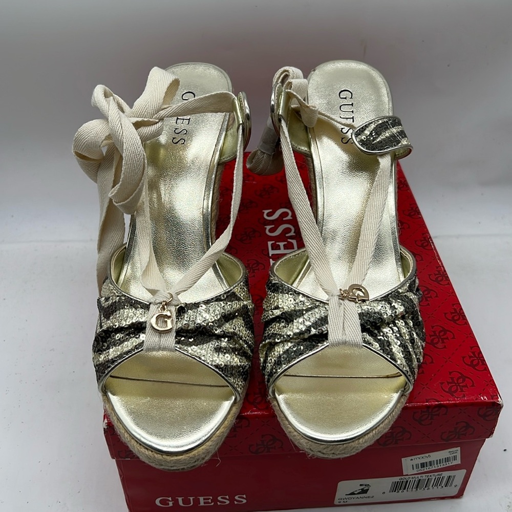 NEW Guess Womens Sz 9 Peep Toe Wedge Sandal Ankle Laces Sequin Anima Print *